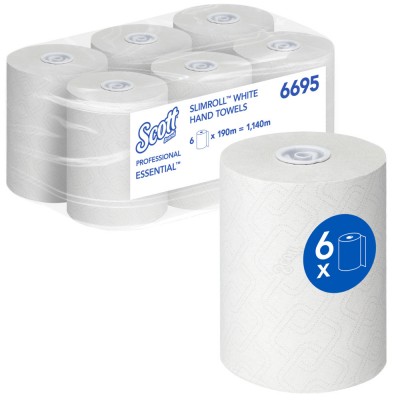 Рулонні паперові рушники для рук Kimberly-Clark Scott® Essential™ Slimroll™ код 6695, 6 рулонів x 190 м білого, одношарового паперу (всього 1140 м) Рулонні паперові рушники для рук Kimberly-Clark Scott® Essential™ Slimroll™ код 6695, 6 рулонів x 190 м білого, одношарового паперу (всього 1140 м)