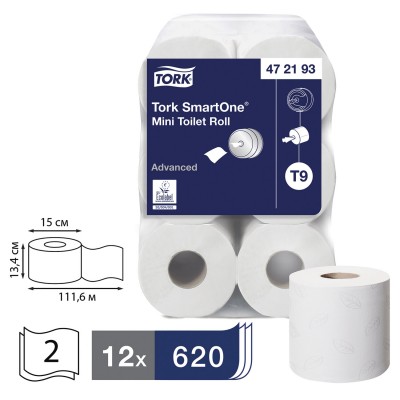 Туалетний папір Tork 472193 SmartOne® в міні рулонах, 2-шарові, 111,6м, целюлоза Туалетний папір Tork 472193 SmartOne® в міні рулонах, 2-шарові, 111,6м, целюлоза